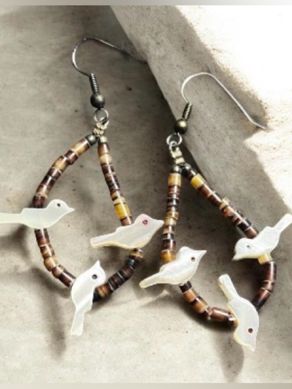 Mother of Pearl Seashell Bird Beaded Fetish Style Silver Tone Dangle Earrings